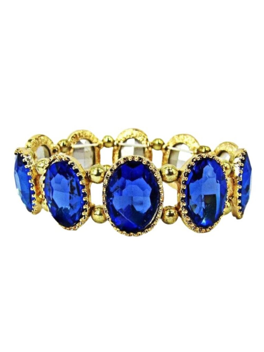 Blue Oval Crystal Stretch Bracelet Gold Finish Elegant Stackable Jewelry New